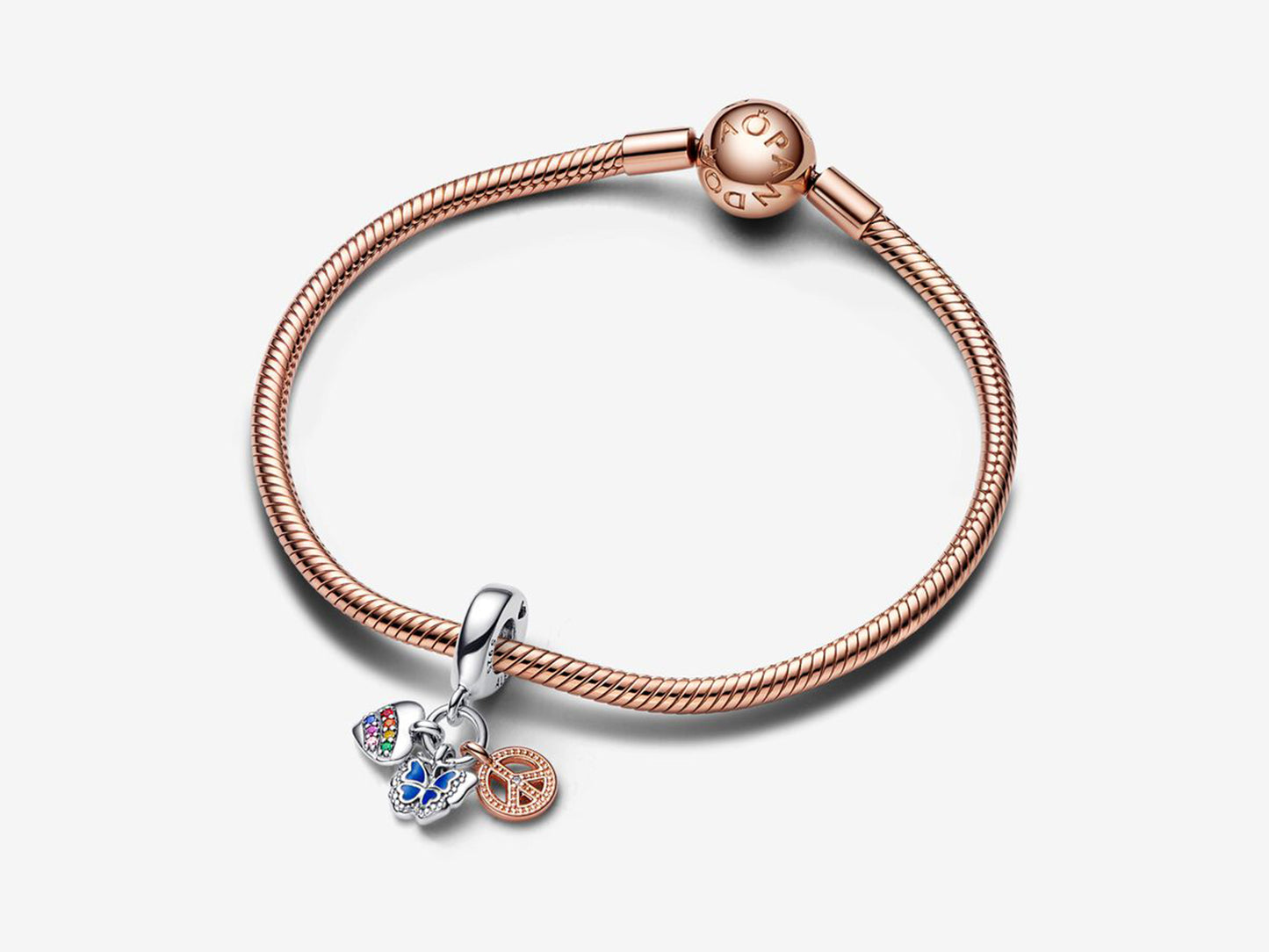 Two-Tone Rainbow Heart, Butterfly & Peace Triple Dangle Charm