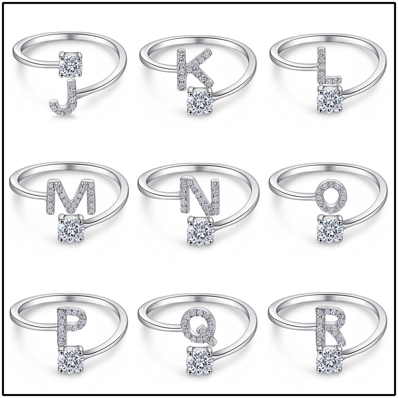 Personalized Initial 925 Silver Ring - Adjustable Alphabet Letter Band with Zirconia