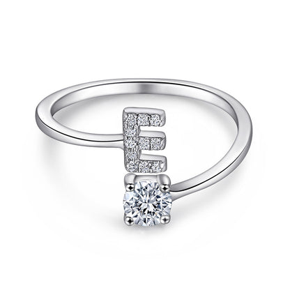 Personalized Initial 925 Silver Ring - Adjustable Alphabet Letter Band with Zirconia