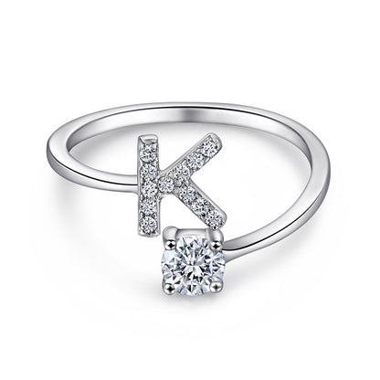 Personalized Initial 925 Silver Ring - Adjustable Alphabet Letter Band with Zirconia