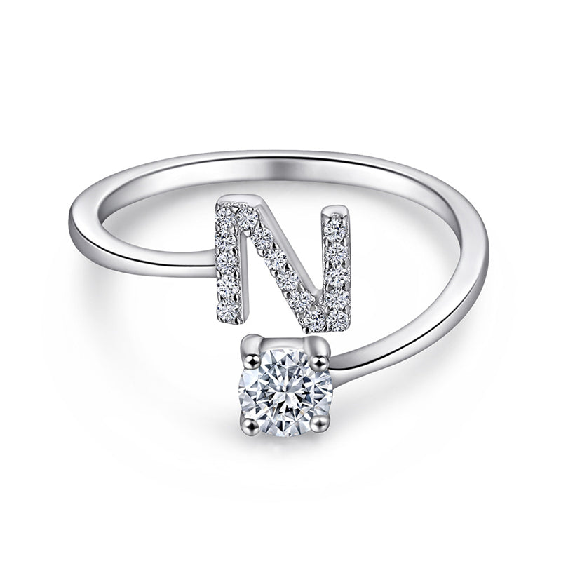 Personalized Initial 925 Silver Ring - Adjustable Alphabet Letter Band with Zirconia