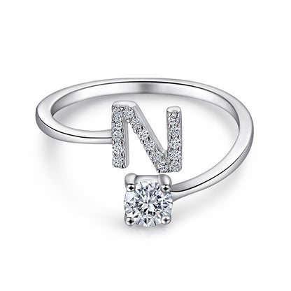 Personalized Initial 925 Silver Ring - Adjustable Alphabet Letter Band with Zirconia