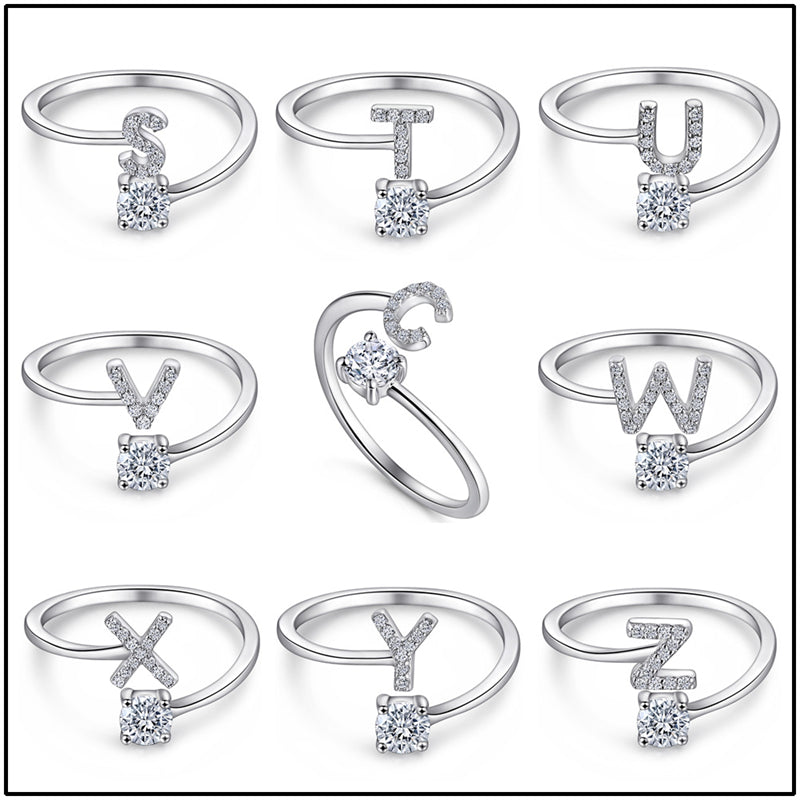 Personalized Initial 925 Silver Ring - Adjustable Alphabet Letter Band with Zirconia