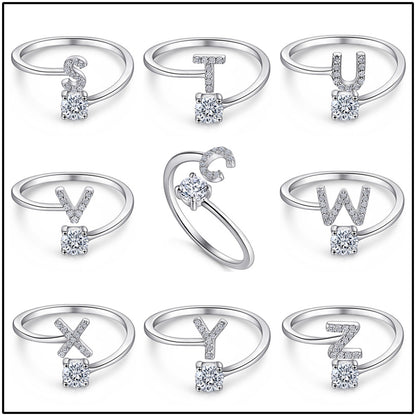 Personalized Initial 925 Silver Ring - Adjustable Alphabet Letter Band with Zirconia