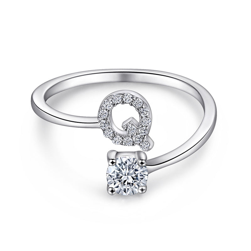 Personalized Initial 925 Silver Ring - Adjustable Alphabet Letter Band with Zirconia