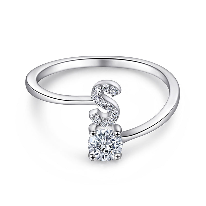 Personalized Initial 925 Silver Ring - Adjustable Alphabet Letter Band with Zirconia
