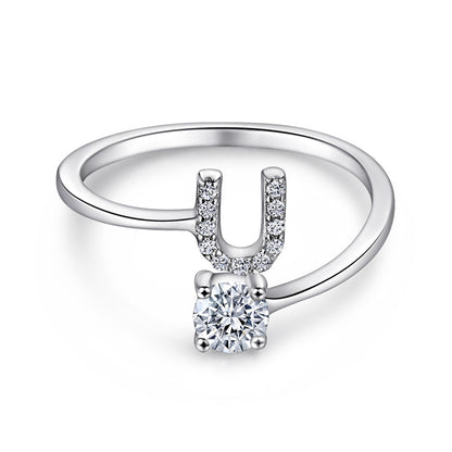 Personalized Initial 925 Silver Ring - Adjustable Alphabet Letter Band with Zirconia