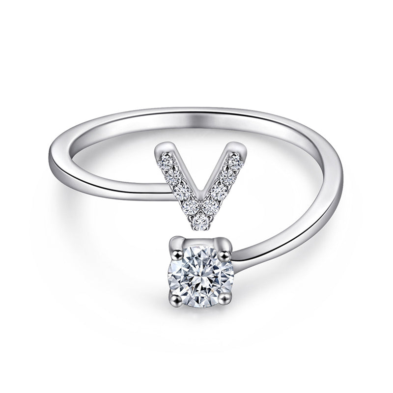 Personalized Initial 925 Silver Ring - Adjustable Alphabet Letter Band with Zirconia