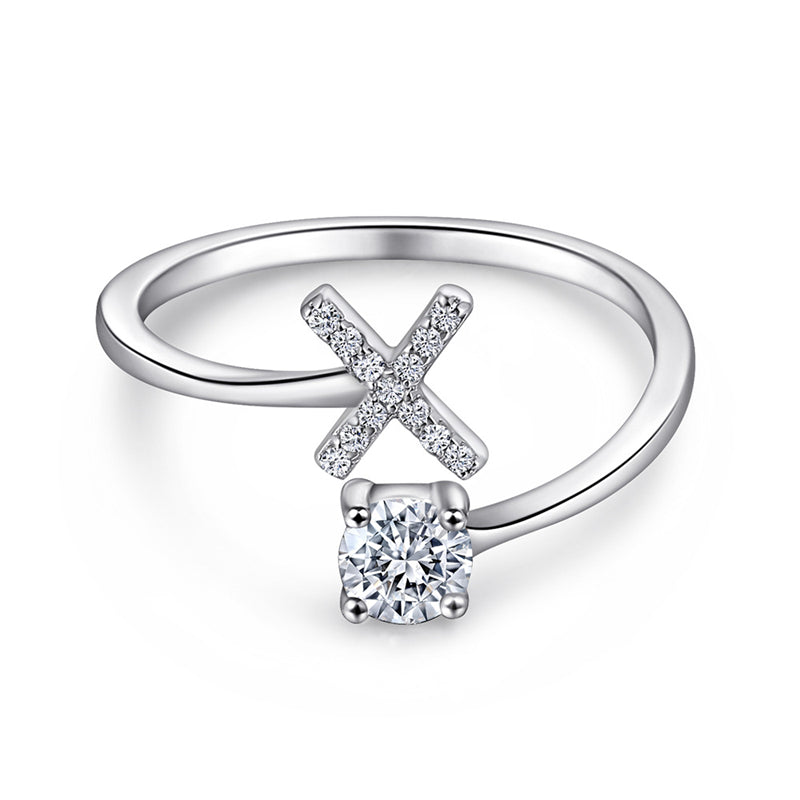 Personalized Initial 925 Silver Ring - Adjustable Alphabet Letter Band with Zirconia