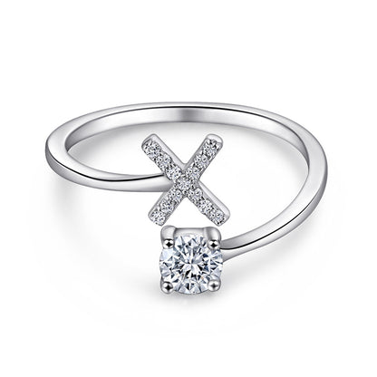 Personalized Initial 925 Silver Ring - Adjustable Alphabet Letter Band with Zirconia