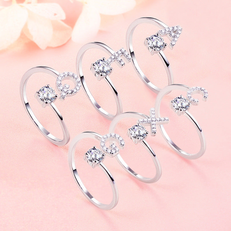 Personalized Initial 925 Silver Ring - Adjustable Alphabet Letter Band with Zirconia