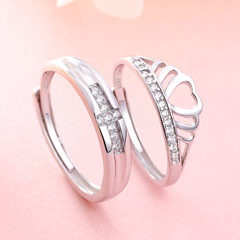 Princess & Knight Couple Rings - 925 Sterling Silver Crown Design Matching Set