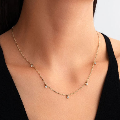 Lab-Grown Diamond Necklace - 14k Gold Paperclip Chain with Bezel-Set Diamonds