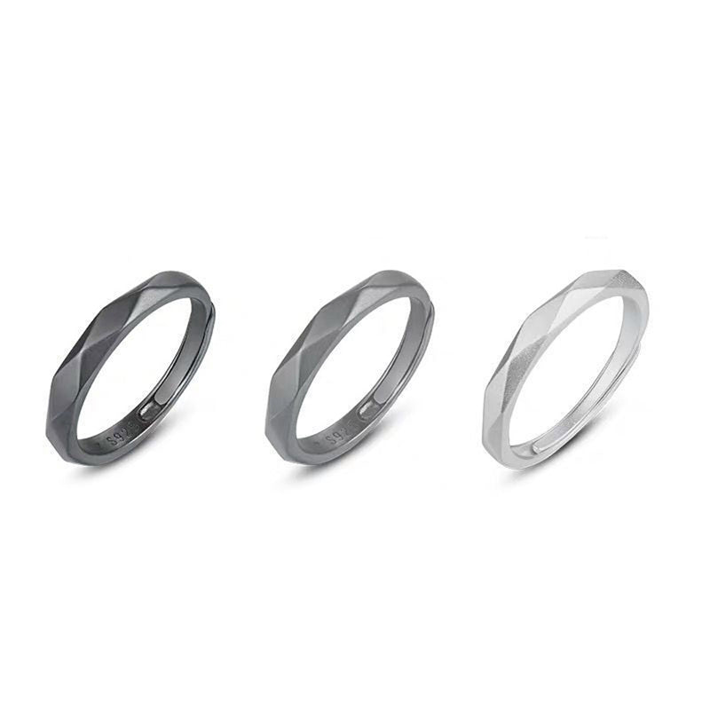 925 Silver Couple Rings – Black Geometric Grid Wedding Bands, Adjustable