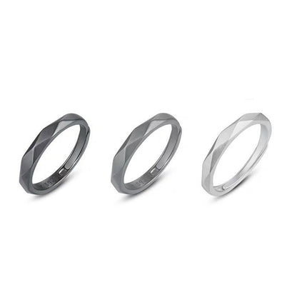 925 Silver Couple Rings – Black Geometric Grid Wedding Bands, Adjustable