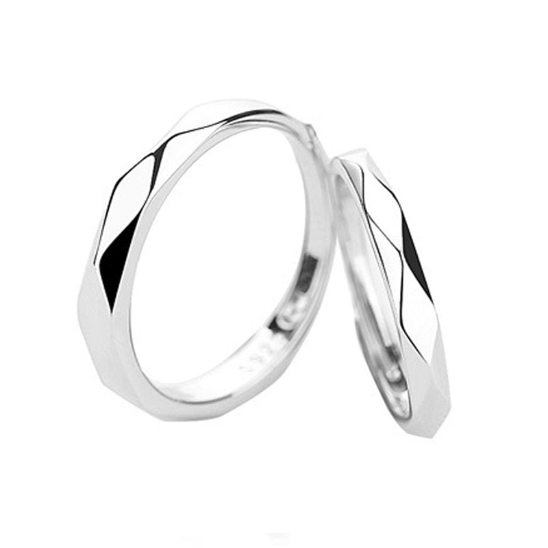 925 Silver Couple Rings – Black Geometric Grid Wedding Bands, Adjustable