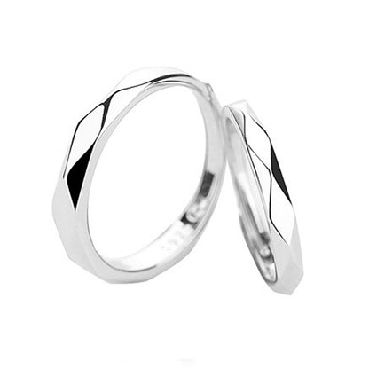 925 Silver Couple Rings – Black Geometric Grid Wedding Bands, Adjustable