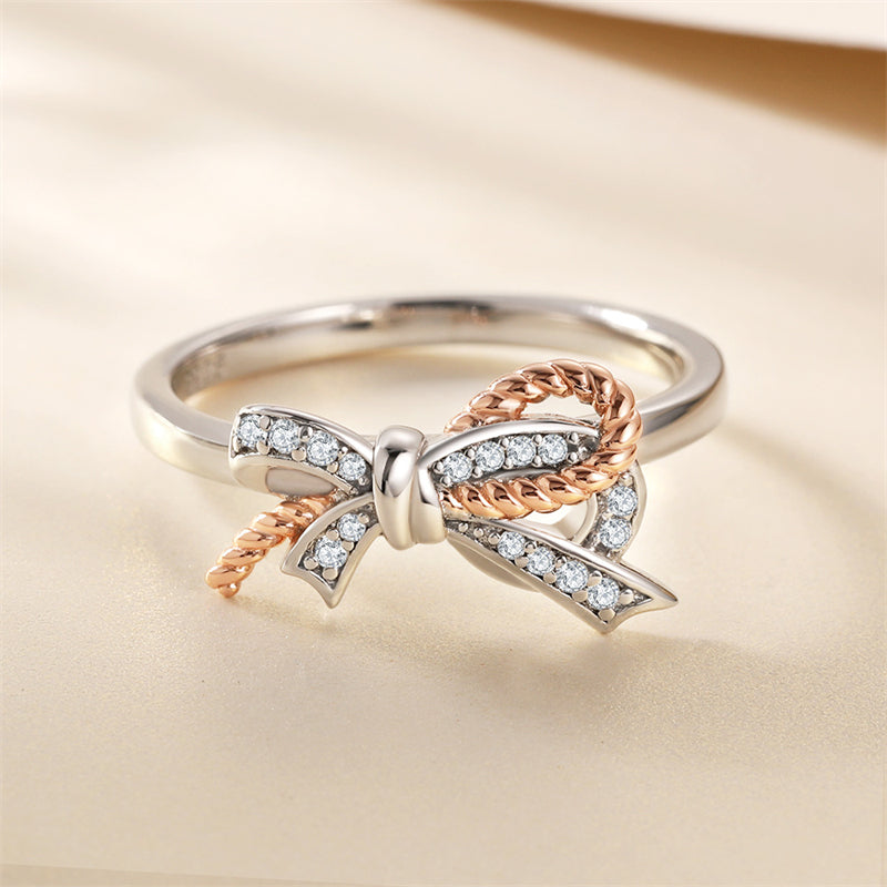 Ribbon Bow 925 Silver Ring - Elegant European-Style Band with Zirconia Accents