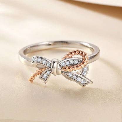 Ribbon Bow 925 Silver Ring - Elegant European-Style Band with Zirconia Accents