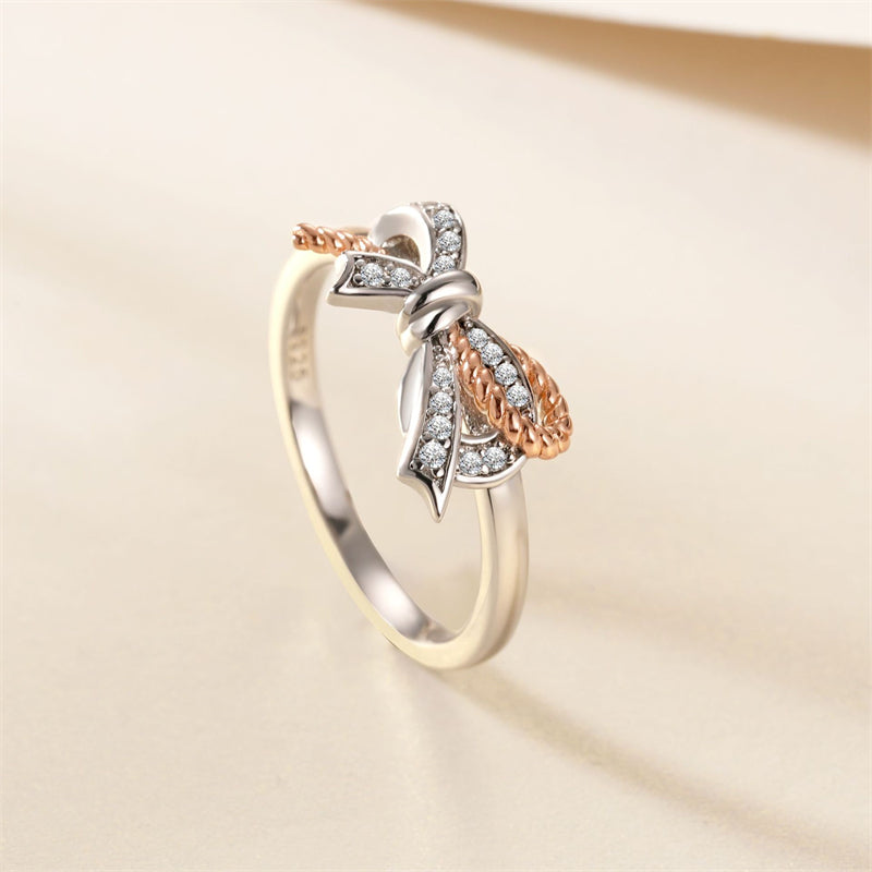 Ribbon Bow 925 Silver Ring - Elegant European-Style Band with Zirconia Accents