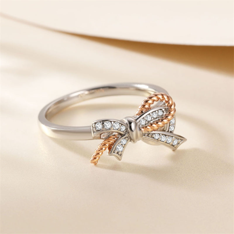 Ribbon Bow 925 Silver Ring - Elegant European-Style Band with Zirconia Accents