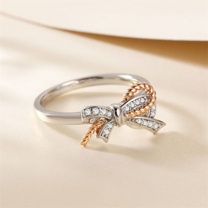 Ribbon Bow 925 Silver Ring - Elegant European-Style Band with Zirconia Accents