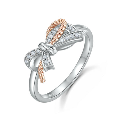 Ribbon Bow 925 Silver Ring - Elegant European-Style Band with Zirconia Accents