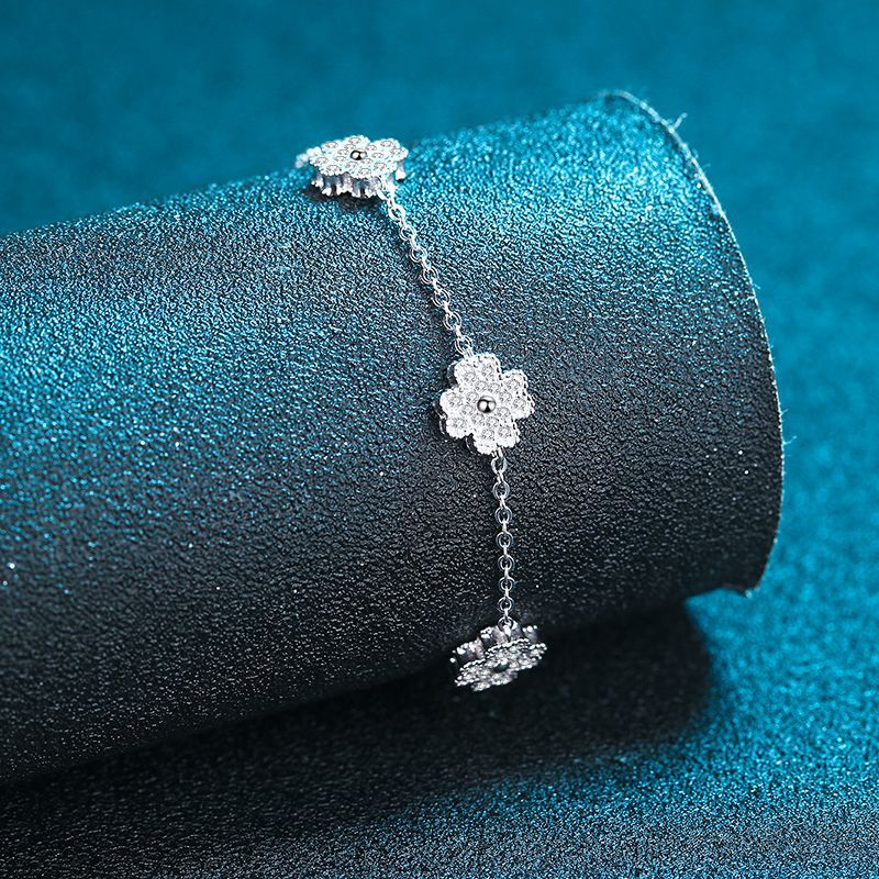 Rococo Style 5-Layer Rhodium Plated Sterling Silver Bracelet with 0.64ct Moissanite - Freesia Floral Design