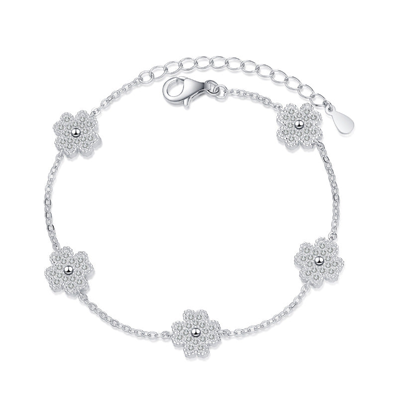 Rococo Style 5-Layer Rhodium Plated Sterling Silver Bracelet with 0.64ct Moissanite - Freesia Floral Design