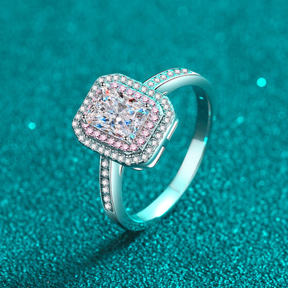 Rose Gold & Platinum Plated Radiant Cut Moissanite Ring - 925 Sterling Silver Geometric Design