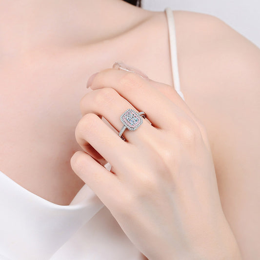 Rose Gold & Platinum Plated Radiant Cut Moissanite Ring - 925 Sterling Silver Geometric Design