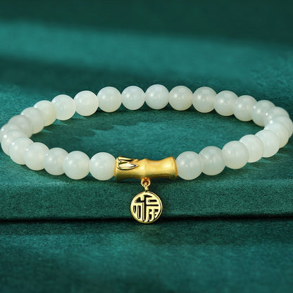 Royal Jade Leaf Bracelet 925 Silver Bamboo Beads Elegant Jewelry