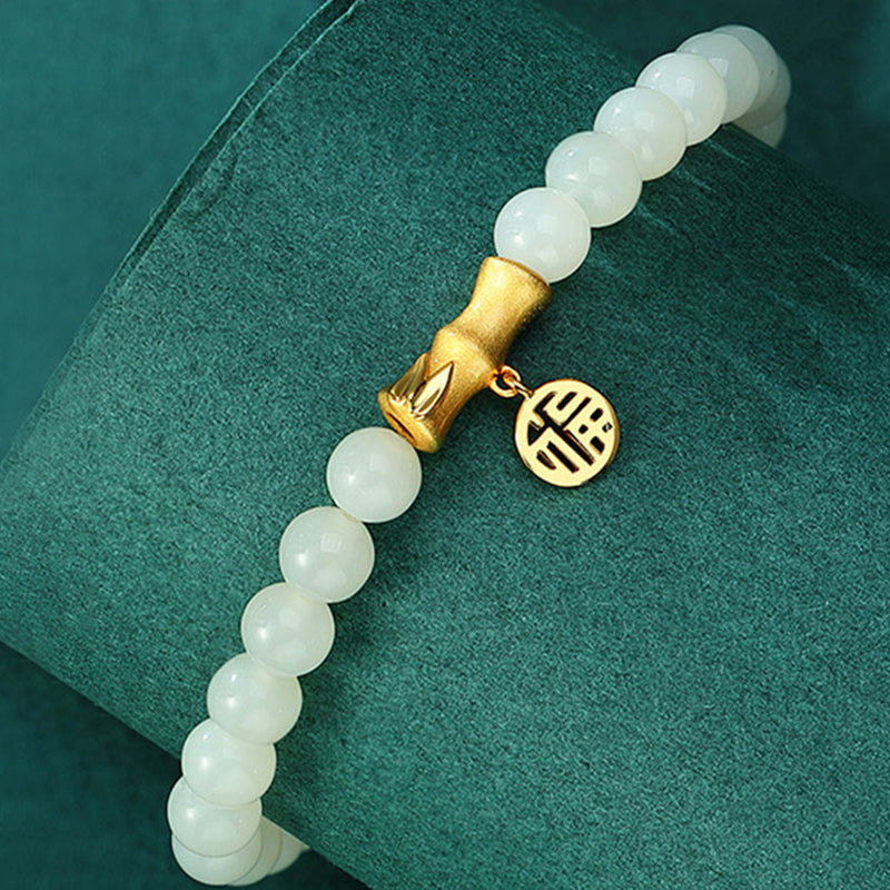 Royal Jade Leaf Bracelet 925 Silver Bamboo Beads Elegant Jewelry