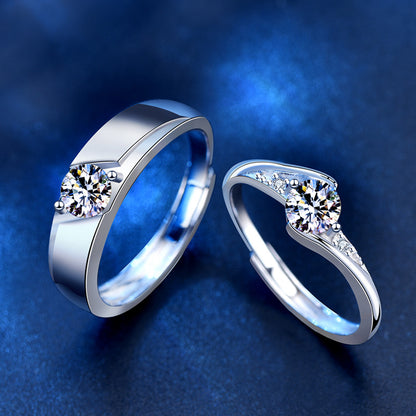 S925/S999 Sterling Silver Couple Rings with 0.5ct Moissanite White Gold Plated Geometric Matching Wedding Bands (Adjustable)