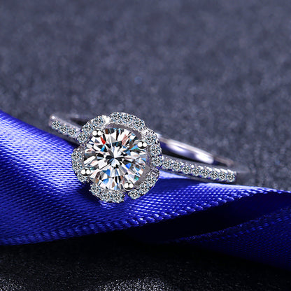 S925 Sterling Silver 0.80ct Moissanite 4-Prong Crown Engagement Ring - Cloud Design Instagram Style Wedding Band