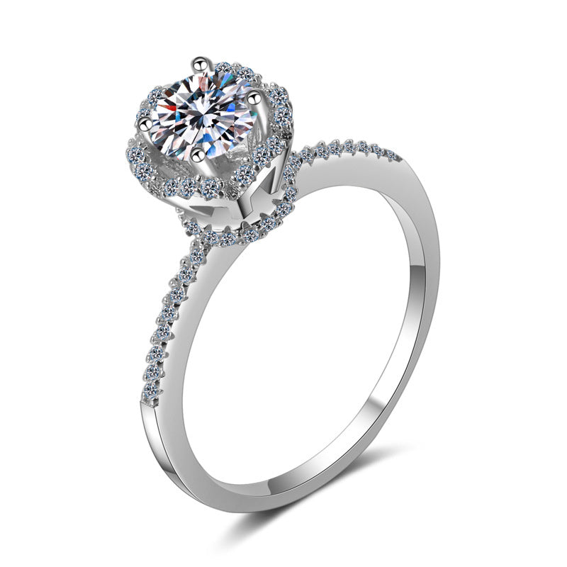 S925 Sterling Silver 0.80ct Moissanite 4-Prong Crown Engagement Ring - Cloud Design Instagram Style Wedding Band