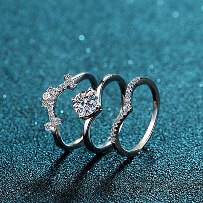 S925 Sterling Silver 0.80ct Moissanite Four-Prong Crown Ring with Triple-Wear Design