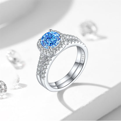 S925 Sterling Silver 1.2ct Round 100-Facet Flame Cut Ring Set - 8×8mm Colored Gemstone Jewelry