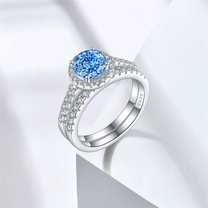 S925 Sterling Silver 1.2ct Round Flame-Cut Ring Set - 7×7mm Colored Gemstone Stackable Jewelry