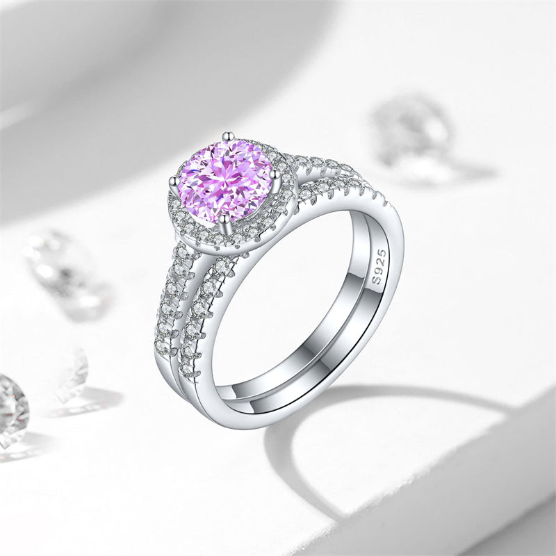S925 Sterling Silver 1.2ct Round Flame-Cut Ring Set - 7×7mm Colored Gemstone Stackable Jewelry