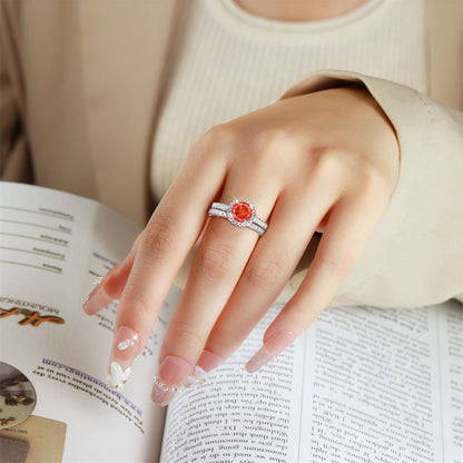 S925 Sterling Silver 1.2ct Round Flame-Cut Ring Set - 7×7mm Colored Gemstone Stackable Jewelry