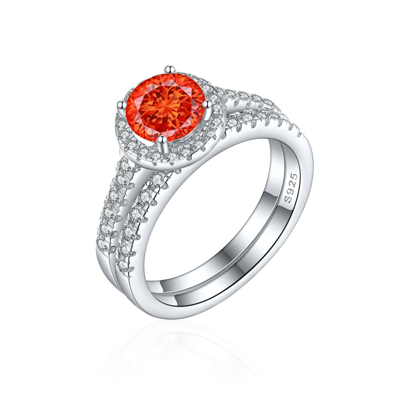 S925 Sterling Silver 1.2ct Round Flame-Cut Ring Set - 7×7mm Colored Gemstone Stackable Jewelry