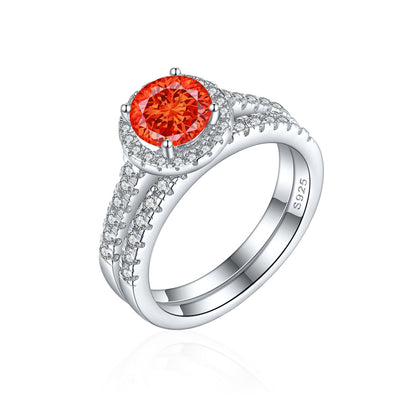 S925 Sterling Silver 1.2ct Round Flame-Cut Ring Set - 7×7mm Colored Gemstone Stackable Jewelry