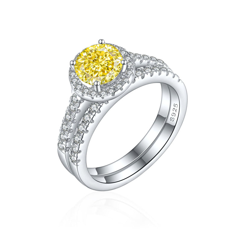 S925 Sterling Silver 1.2ct Round Flame-Cut Ring Set - 7×7mm Colored Gemstone Stackable Jewelry