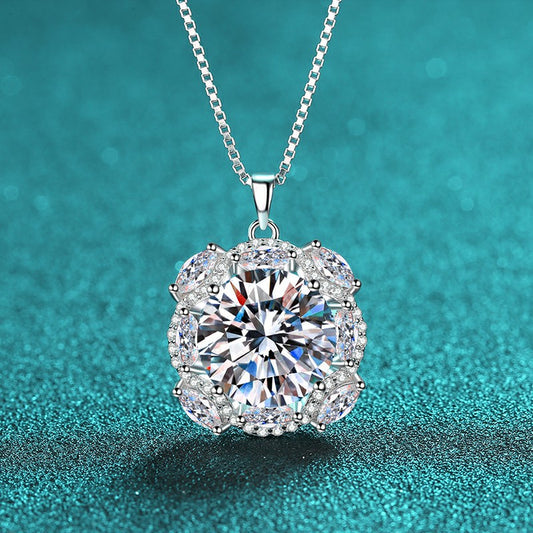 S925 Sterling Silver 10CT Moissanite Pendant Necklace - Luxury Floral Statement Collarbone Chain