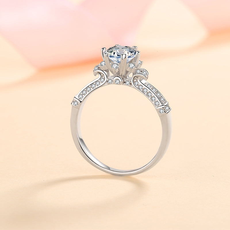 S925 Sterling Silver 1ct Moissanite Bridal Bouquet Six-Prong Petal Ring with Tree Motif