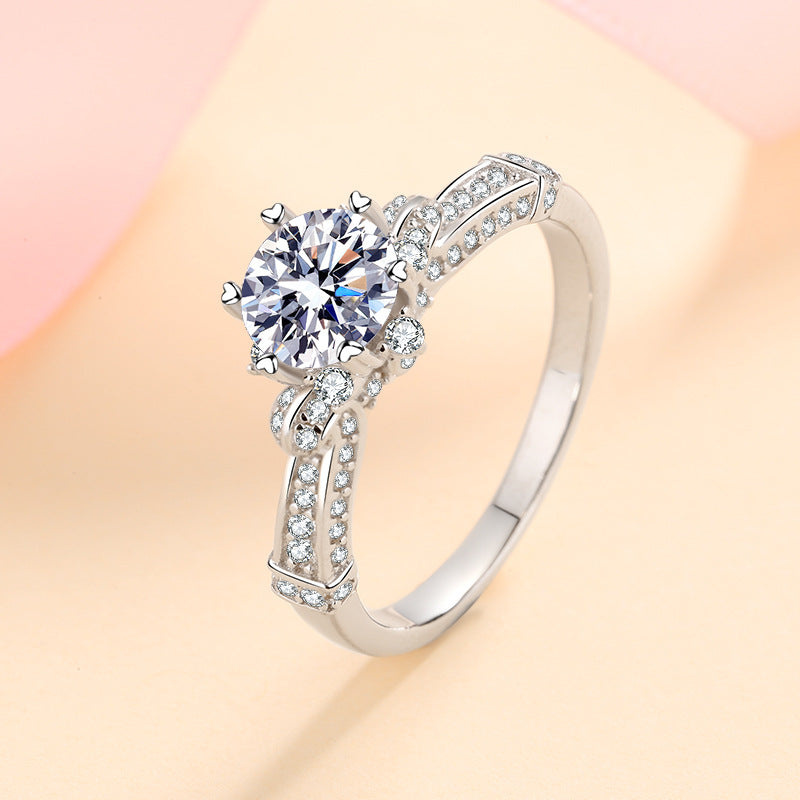 S925 Sterling Silver 1ct Moissanite Bridal Bouquet Six-Prong Petal Ring with Tree Motif