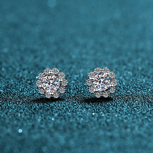 S925 Sterling Silver 4-Prong Round Moissanite Stud Earrings - 0.6ct/1ct Simulated Diamond Floral Earrings