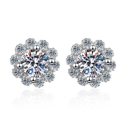 S925 Sterling Silver 4-Prong Round Moissanite Stud Earrings - 0.6ct/1ct Simulated Diamond Floral Earrings