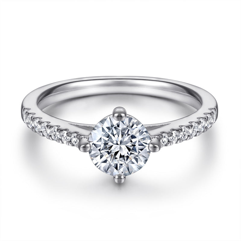 S925 Sterling Silver 4-Prong Wedding Ring – Classic Solitaire with Pavé Band